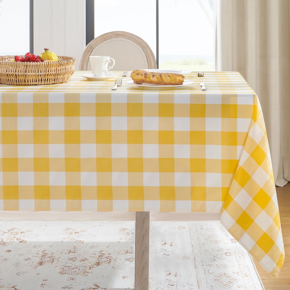 Softalker Gingham Checkered Tablecloth Rectangle - Outdoor Waterproof Buffalo Plaid Table Cloth, Stain Resistant Washable Table Cover for Picnic, Camping, Dining - Yellow and White, 60 x 84 Inch