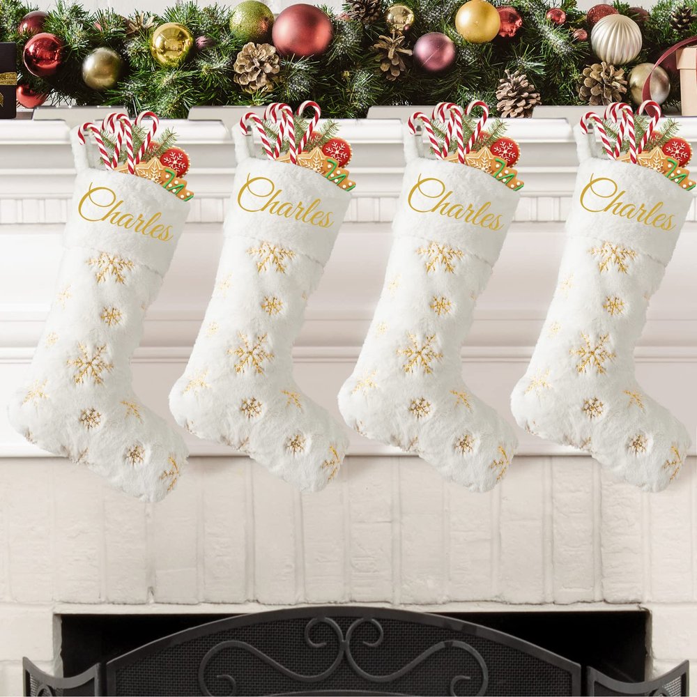 Amidaky Personalized Christmas Stockings 6 Pack White Faux Fur Christmas Stockings Customized with Names Embroidered Gold and Silver Snowflake Large for Family Holiday Xmas Party Decorations