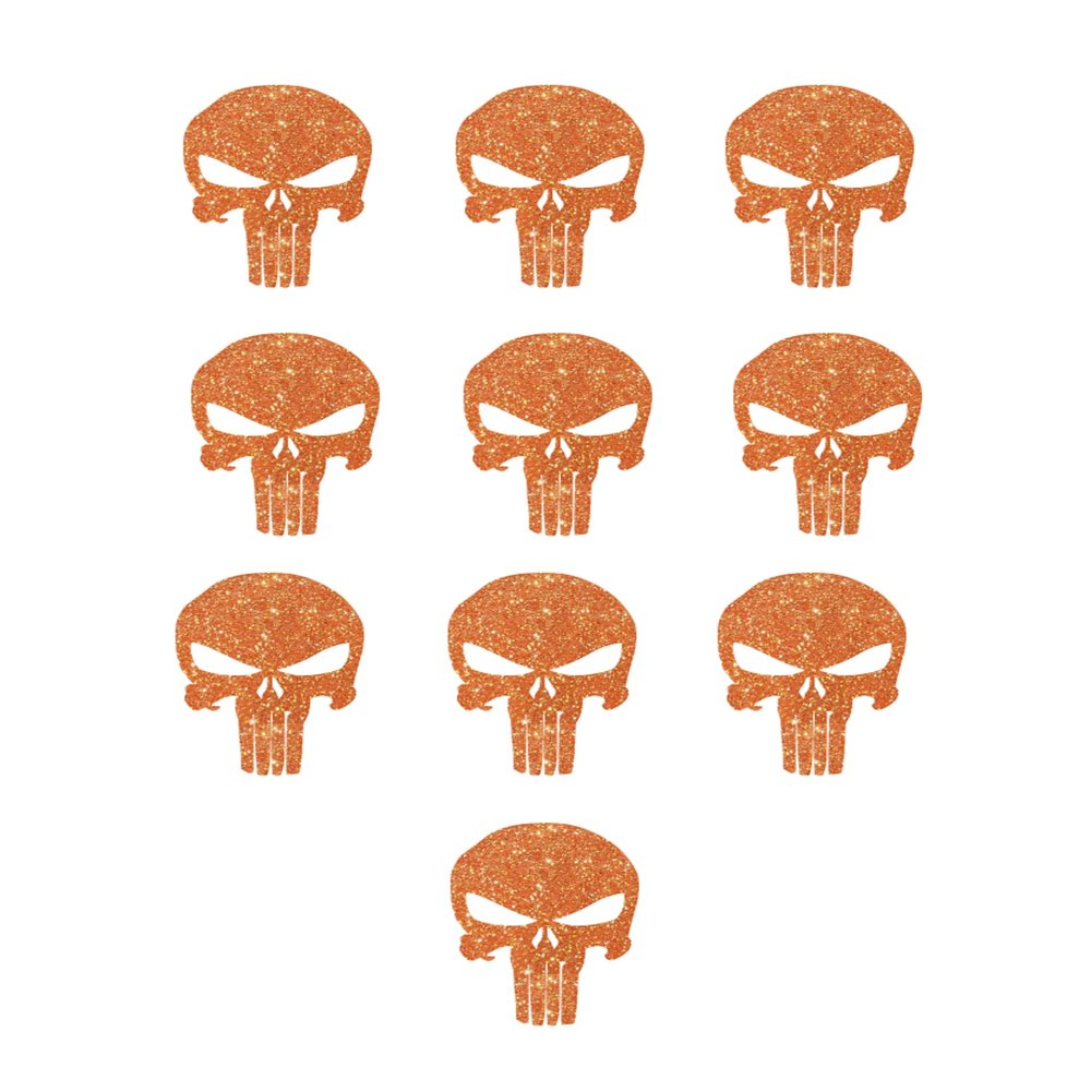 10 Small Evil Skull Punisher Vinyl Iron On Decals, HTV Graphic Patch Ready to Apply Transfer, DIY Clothing Crafts Decor (Orange Glitter)