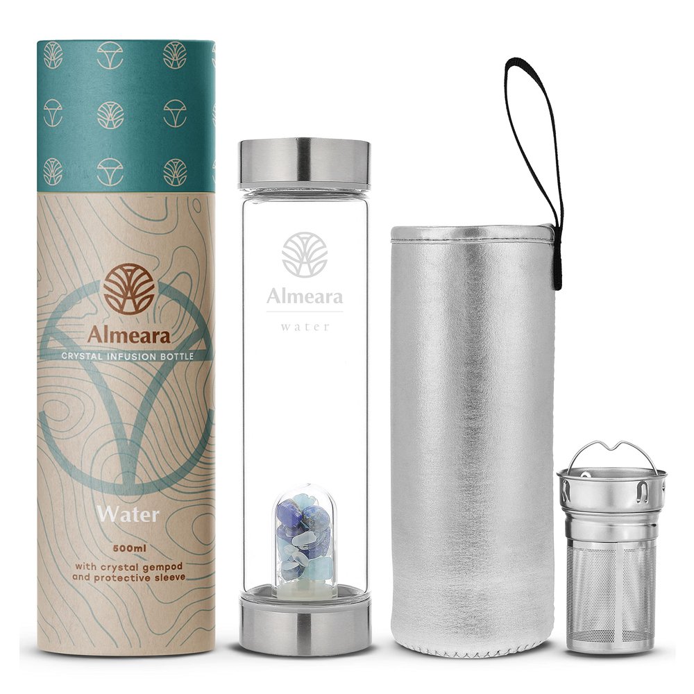Almeara Crystal Water Bottle with Authentic Lapis Lazuli, Opal Stones & Aquamarine Removable Gemstones, Loose Leaf Tea Infuser - Relaxation, Healing & Spiritual Gifts for Women - Witchcraft Supplies