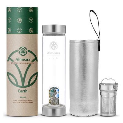 Almeara Crystal Water Bottle with Authentic Moss Agate, Opal Stones & Smoky Quartz Removable Gemstones, Loose Leaf Tea Infuser - Relaxation, Healing & Spiritual Gifts for Women - Witchcraft Supplies