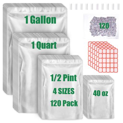 120 Mylar Bags for Food Storage with Oxygen Absorbers 120 x 300cc, Mylar Bags 9 Mil 1 Gallon, 1 Quart, 1/2 Pint, 40 Oz, Stand-Up Zipper Resealable Bags & Heat Sealable Food Storage Bags + Labels
