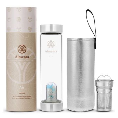 Almeara Crystal Water Bottle with Authentic Aquamarine Stones and Clear Quartz Removable Gemstones, Loose Leaf Tea Infuser - Relaxation, Healing & Spiritual Gifts for Women - Witchcraft Supplies