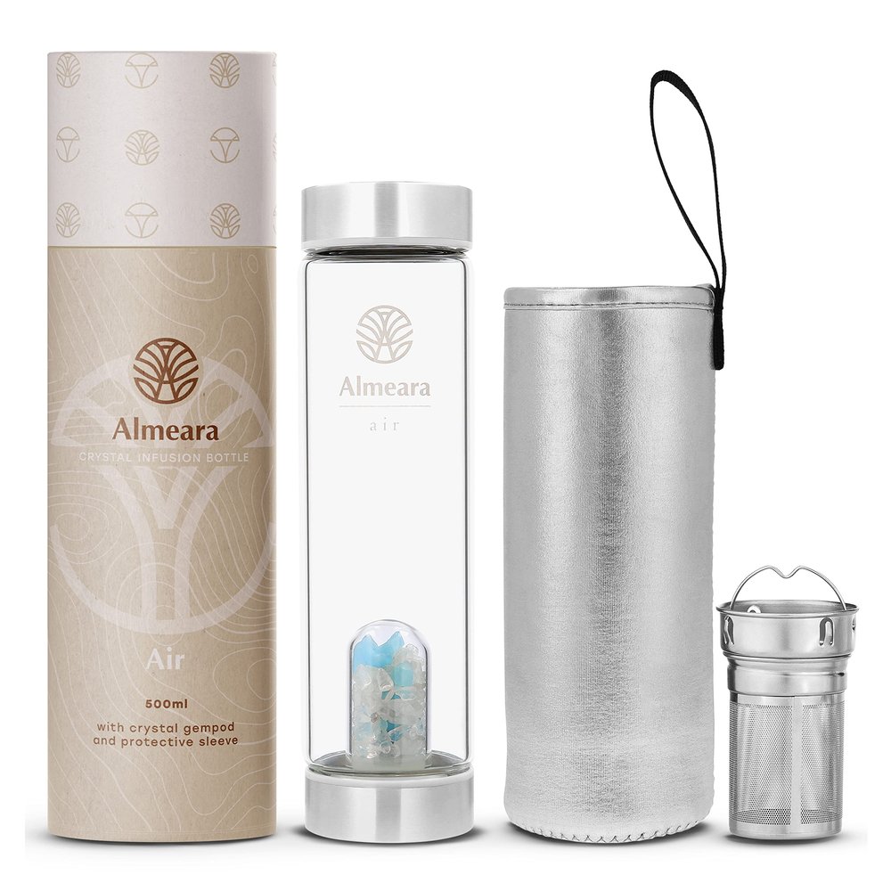 Almeara Crystal Water Bottle with Authentic Aquamarine Stones and Clear Quartz Removable Gemstones, Loose Leaf Tea Infuser - Relaxation, Healing & Spiritual Gifts for Women - Witchcraft Supplies