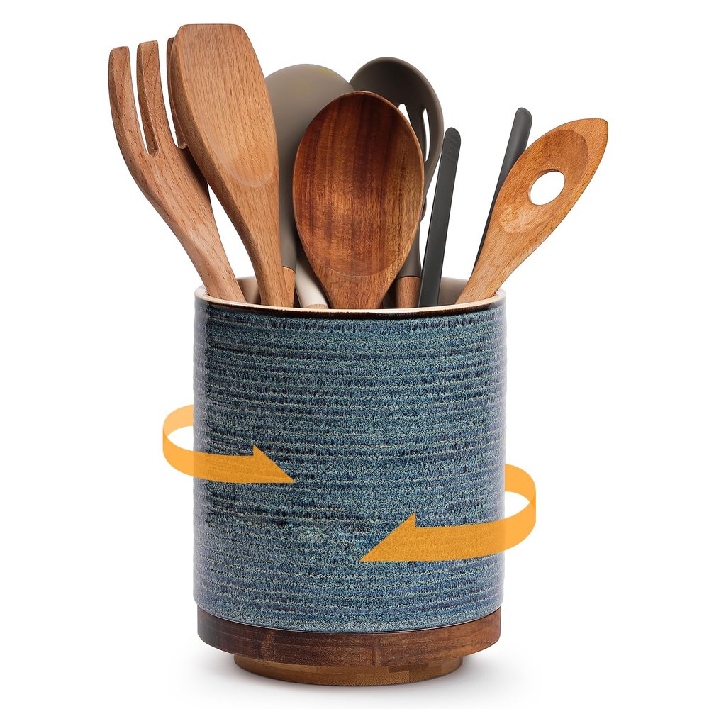 DOWAN 360 Rotating Extra Large Cooking Utensil Holder, 7.6" Kitchen Utensil Holder for Countertop, Utensil Crock for Farmhouse Kitchen Decor, Ceramic Stable Utensil Caddy, Blue