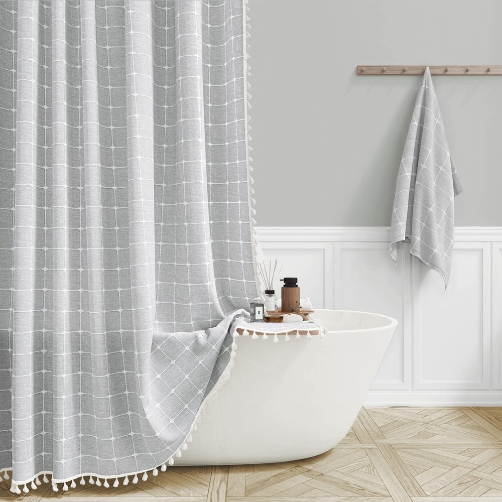 BTTN Stall Fabric Shower Curtain - 54 x 78 Inches Boho Linen Heavy Duty Tassel Shower Curtain Set with 10 Hooks, Narrow Rustic Modern Farmhouse Bohemian Thick Shower Curtains for Bathroom - Gray/Grey