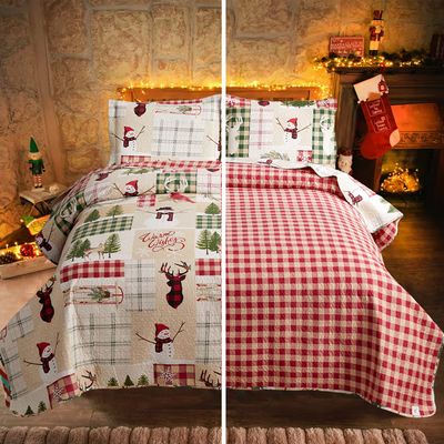 Christmas Quilt Set King Size Christmas Bedding Reversible Quilt Rustic Lodge Moose Buffalo Red Plaid Patchwork Bedding Holiday Xmas Home Decor Lightweight Quilt Bedspread Coverlet
