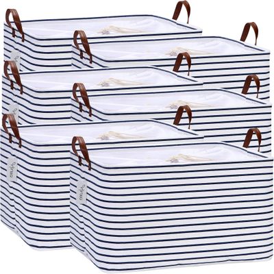 Hinwo 70L Extra Large Storage Bins, 6-Pack Closet Organizers and Storage, Foldable Clothes Storage Baskets with Handles, Containers for Clothing, Blanket, Comforters, Toys, Bedding (Navy Stripe)