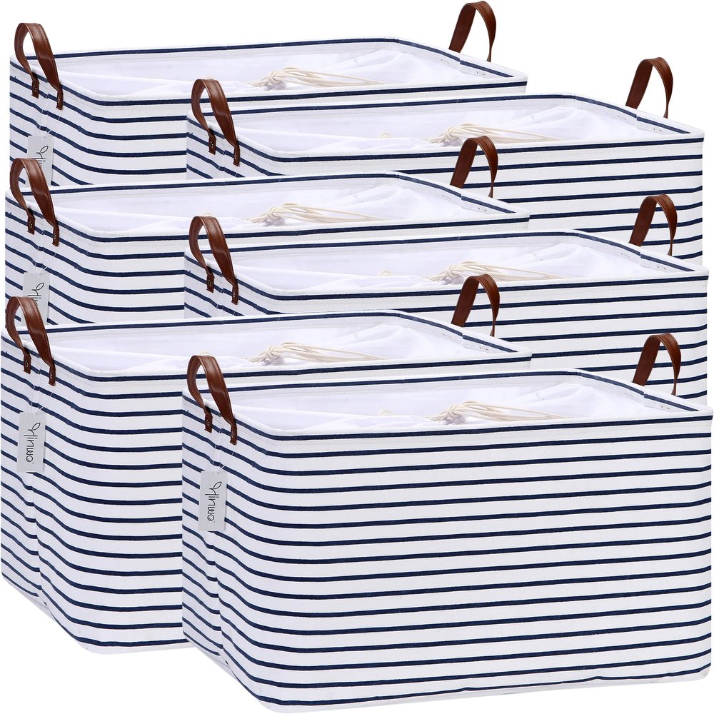 Hinwo 70L Extra Large Storage Bins, 6-Pack Closet Organizers and Storage, Foldable Clothes Storage Baskets with Handles, Containers for Clothing, Blanket, Comforters, Toys, Bedding (Navy Stripe)