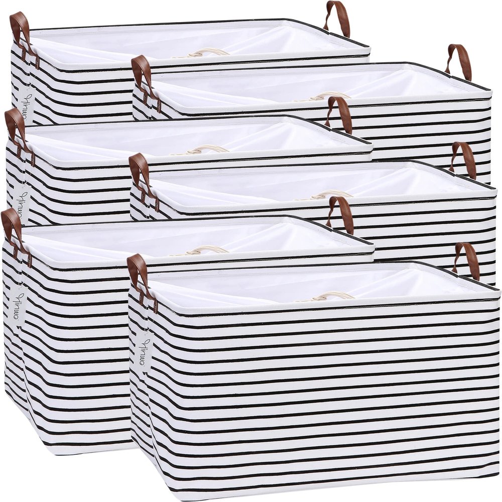 Hinwo 70L Extra Large Storage Bins, 6-Pack Closet Organizers and Storage, Foldable Clothes Storage Baskets with Handles, Containers for Clothing, Blanket, Comforters, Toys, Bedding (Black Stripe)