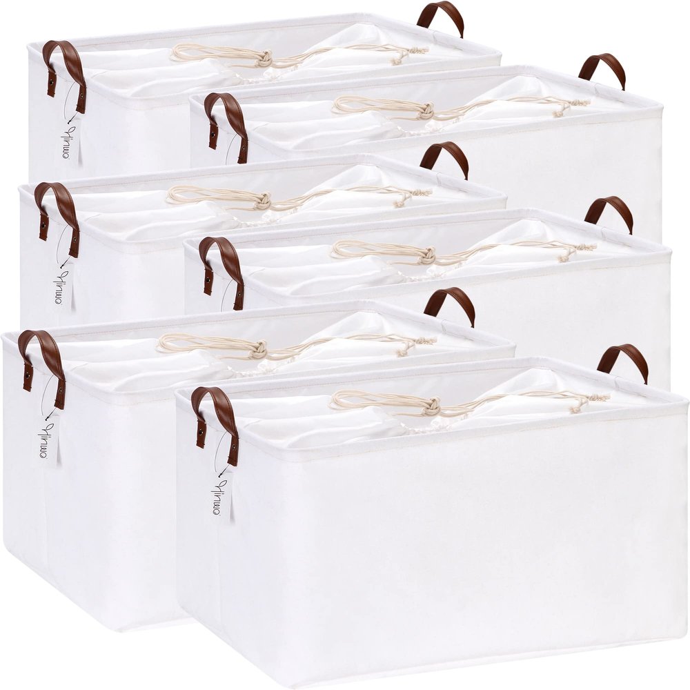 Hinwo 70L Extra Large Storage Bins, 6-Pack Closet Organizers and Storage, Foldable Clothes Storage Baskets with Handles, Containers for Clothing, Blanket, Comforters, Toys, Bedding (White)