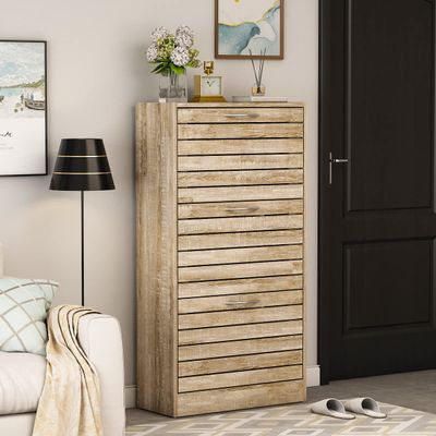 AGOTENI Natural Narrow Shoe Storage Cabinet with 3 Flip Doors & Adjustable Shelf, Modern for Entryway Hallway (22.4W x 9.4D x 42.3H)
