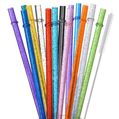 ALINK 12-Pack Reusable Glitter Straws, 13 inch Extra Long Hard Plastic Tumbler Straws for Stanley Cups, 64 oz 40 oz 32 oz Tumblers, Yeti, Mason Jar, Gallon Jug with Brush - Assroted Colored