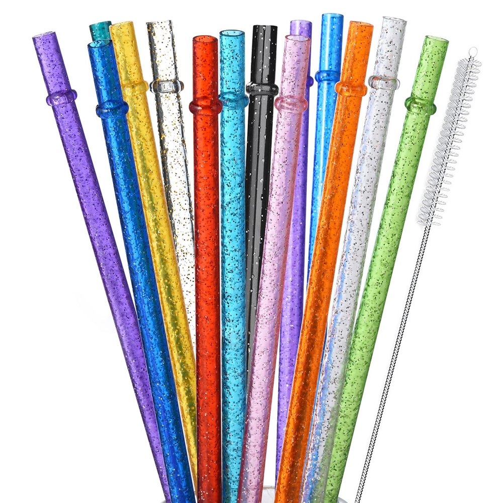 ALINK 12-Pack Reusable Glitter Straws, 13 inch Extra Long Hard Plastic Tumbler Straws for Stanley Cups, 64 oz 40 oz 32 oz Tumblers, Yeti, Mason Jar, Gallon Jug with Brush - Assroted Colored