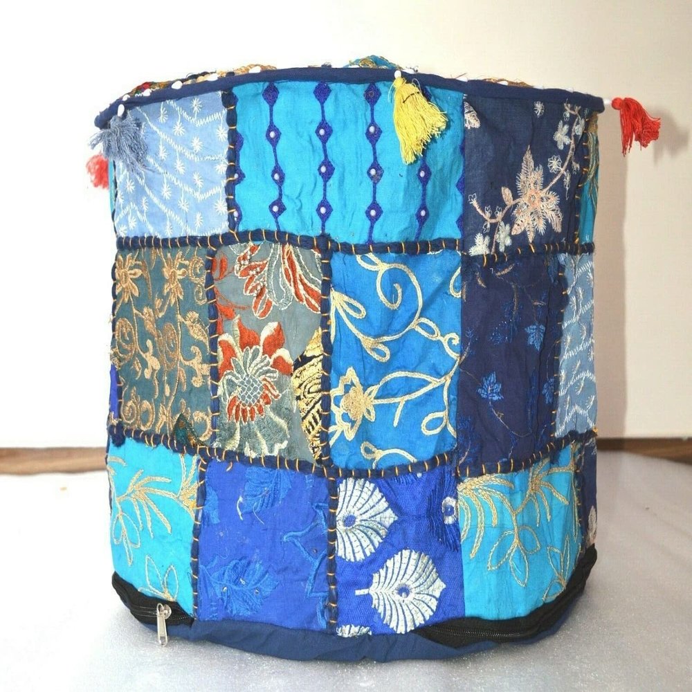 New Pouf Ottoman Ethnic Pillow Indian Saree Pouffe Round Poof Foot Stool Cover (18" x 18" x 14" Inch)
