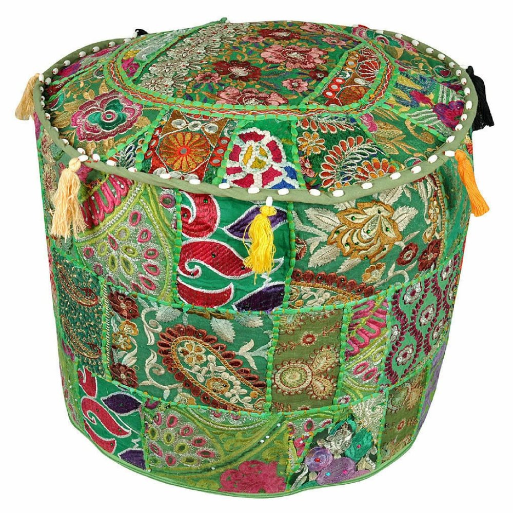 Indian Ottoman Pouffe Cover Indian Foot Stool Cover Vintage Kid Seating (18" x 18" x 14" Inch)