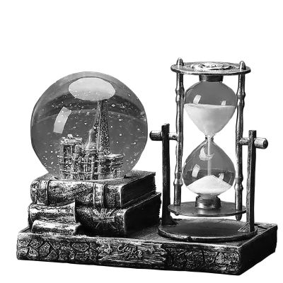 LED Music Snow Globe with Hourglass Vintage Castle Paris Eiffel Tower Home Decoration for Living Room Bedroom Book Shelf TV Cabinet Desk Table Top Decor Centerpieces Ornaments (A - Silver)