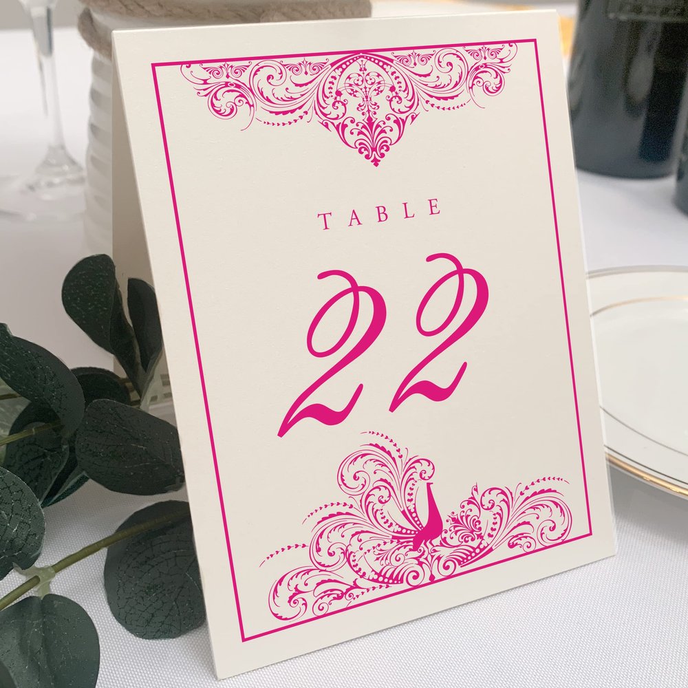 Peacock Flourish Wedding Table Numbers (Select Color/Quantity), Champagne, Fuschia, 1-110, Double Sided, Tent or Use in a Stand, Great for Parties & Restaurants - Made in the USA