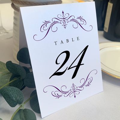 Classic Flourish Wedding and Event Table Numbers, Eggplant, 1-110, Double Sided, Tent or Use in a Stand, Great for Parties & Restaurants - Made in the USA