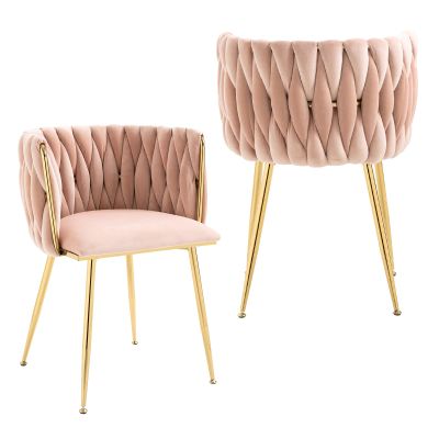 NIOIIKIT Modern Velvet Dining Chairs Hand Weaving Accent Chairs Living Room Chairs Upholstered Side Chair with Golden Metal Legs for Dining Room Kitchen Vanity Living Room (Pink)