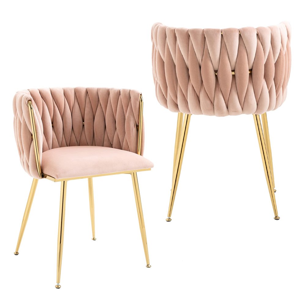 NIOIIKIT Modern Velvet Dining Chairs Hand Weaving Accent Chairs Living Room Chairs Upholstered Side Chair with Golden Metal Legs for Dining Room Kitchen Vanity Living Room (Pink)
