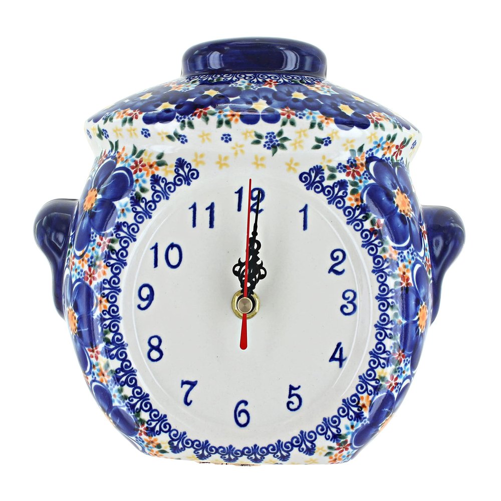 Blue Rose Polish Pottery - Blue Dahlia Wall Clock - 7.5" x 10" - Perfect Kitchen or Living Room Accent, Collectible Home Dcor