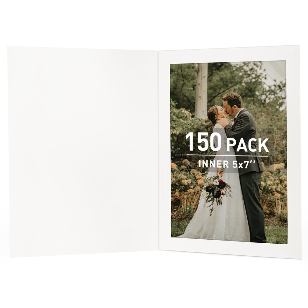 Golden State Art, Pack of 150, 5x7 Photo Folders, Cardboard Picture Frame, Paper Frame Cards, Greetings/Invitation Special Events: Graduation, Christmas, Wedding (White)
