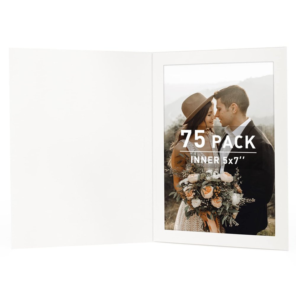 Golden State Art, Pack of 75, 5x7 Photo Folders, Cardboard Picture Frame, Paper Frame Cards, Greetings/Invitation Special Events: Graduation, Christmas, Wedding (White)