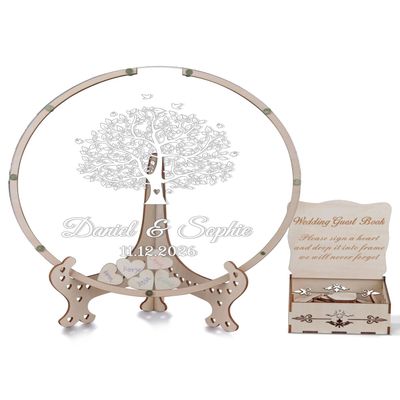 HZGUEOSTB Wedding Guest Book Alternative with Box and Small Hearts,Personalized Tree Round Drop Guest Sign for Rustic Wedding Decorations,Anniversary(style8, Circular)