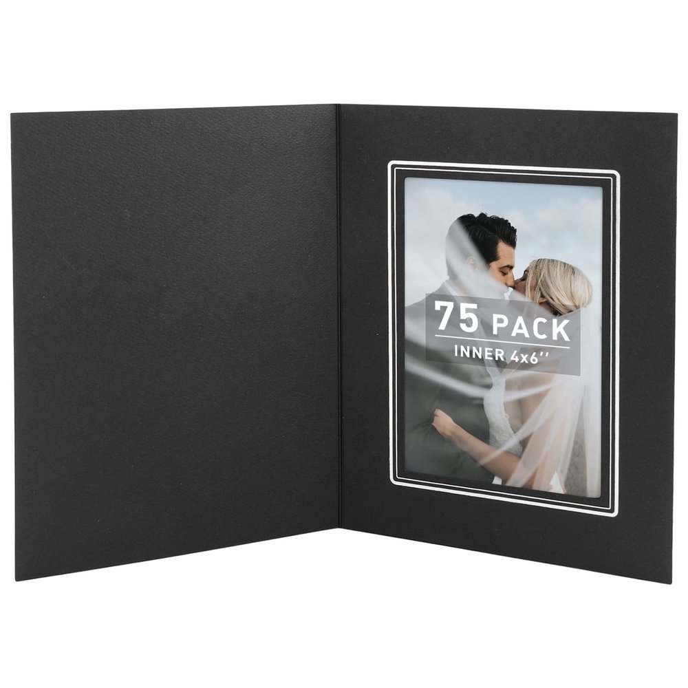 Golden State Art, Pack of 75, 4x6 Photo Folders, Cardboard Picture Frame, Paper Frame Cards, Greetings/Invitation Special Events: Graduation, Christmas, Wedding(Black with Silver Lining)
