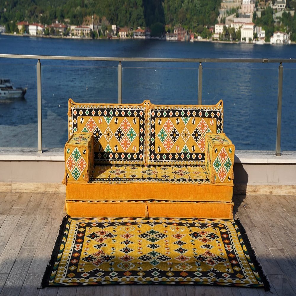 8" Thickness Meditation Yoga Loveseat, Healing Room Floor Cushion, Pallet Sofa, Floor Couch, Sectional Sofa, Arabic Majilis, Arabic Jalsa (Sofa + Rug)