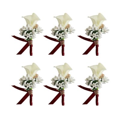 MEUMITY 6 PCS Artificial Calla Lily Corsage for Wedding,Handmade Silk Flower with Ribbon Groom and Best Man Boutonniere Bride Bridesmaid Corsage for Wedding Anniversary Formal Dinner Party,Milk White