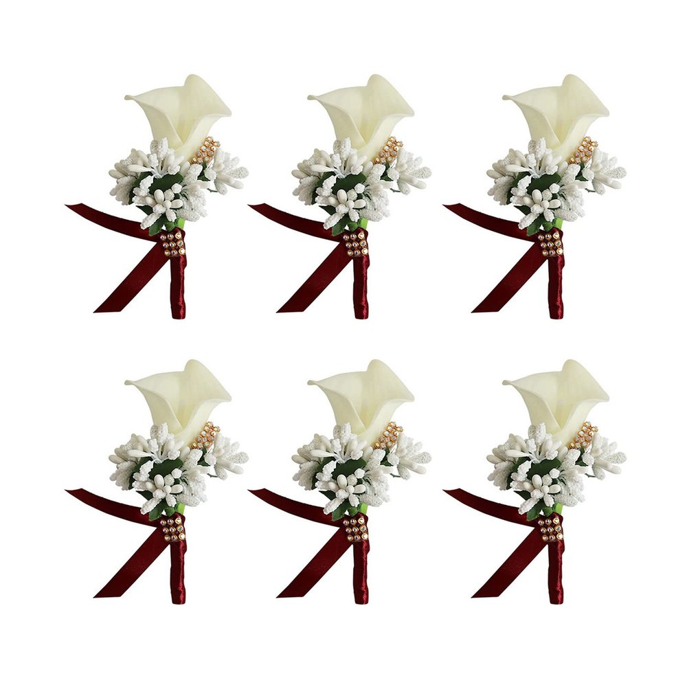 MEUMITY 6 PCS Artificial Calla Lily Corsage for Wedding,Handmade Silk Flower with Ribbon Groom and Best Man Boutonniere Bride Bridesmaid Corsage for Wedding Anniversary Formal Dinner Party,Milk White