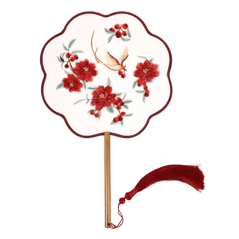 PRETYZOOM Double-Sided Silk Embroidery Fan, 13.38 x 7.95 in, Red Flower Phoenix Design, Handheld & Foldable for Traditional Decor, Dance & Summer Events, for Women