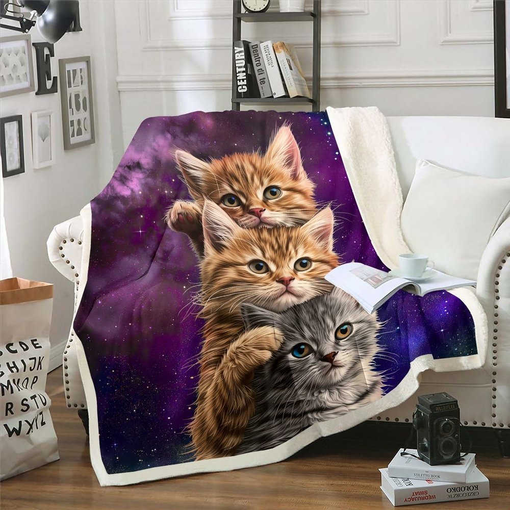 Erosebridal Cat Blanket - Cute Cats Pattern Sherpa,Blue Purple Nebula Decorative Animal Themed,Microfiber Gorgeous Lovely Fuzzy Twin 60"x80"