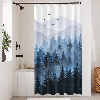 Accnicc Stall Small Blue Misty Forest Shower Curtain Set Ombre Mountain Pine Tree Waterproof Fabric Shower Curtains for Bathroom Nature Woodland Decorative Bath Curtain Decor 3672 Inches