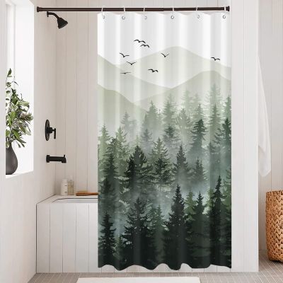 Accnicc Stall Small Sage Green White Misty Forest Shower Curtain Ombre Mountain Pine Tree Waterproof Fabric Shower Curtains for Bathroom Nature Woodland Decorative Bath Curtain Decor 3672 Inches
