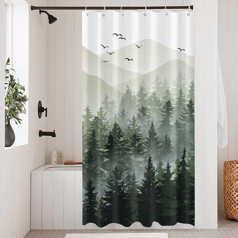 Accnicc Stall Small Sage Green White Misty Forest Shower Curtain Ombre Mountain Pine Tree Waterproof Fabric Shower Curtains for Bathroom Nature Woodland Decorative Bath Curtain Decor 3672 Inches