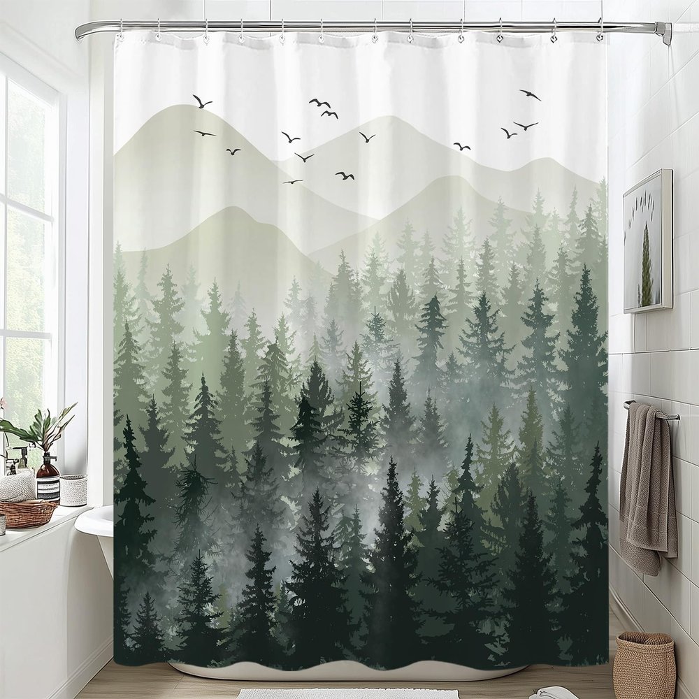 Accnicc 84 Inch Extra Long Green Misty Forest Shower Curtain Ombre Sage Green Mountain Pine Tree Waterproof Fabric Shower Curtains for Bathroom Nature Woodland Decorative Modern Bath Curtain Decor