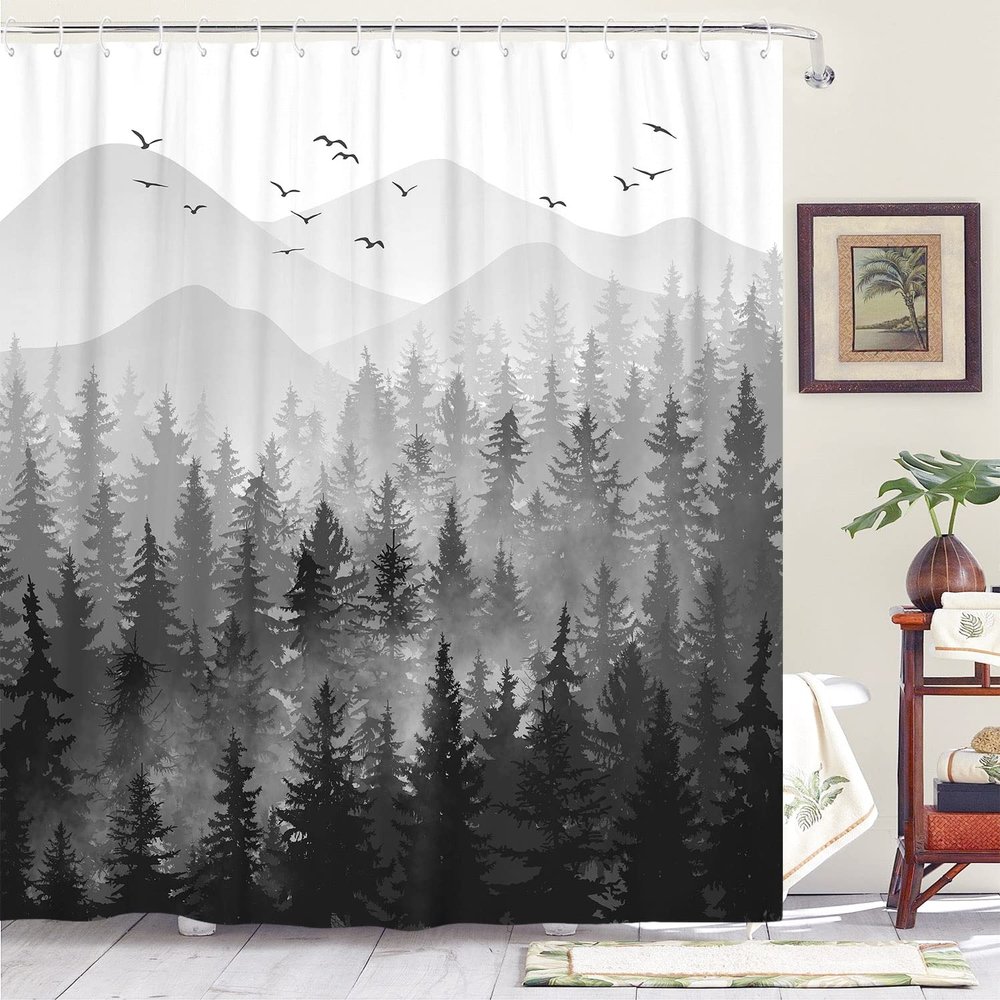 Accnicc 78 Inch Long Black and White Misty Forest Shower Curtain Ombre Dark Gray Mountain Pine Tree Waterproof Fabric Shower Curtains for Bathroom Grey Nature Woodland Decorative Bath Curtain Decor