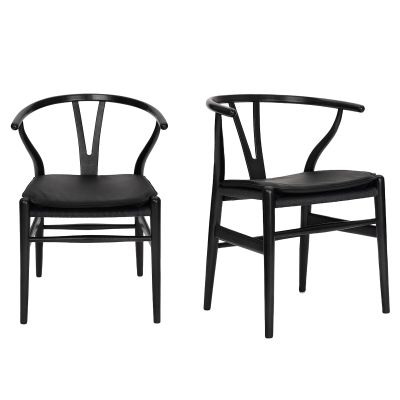 Forsho Set of 2 Solid Wood Wishbone Dining Chair with PU Soft Seat Cushion,Mid-Century Y Back Weave Dining ChairAsh Wood - Black + Cushion