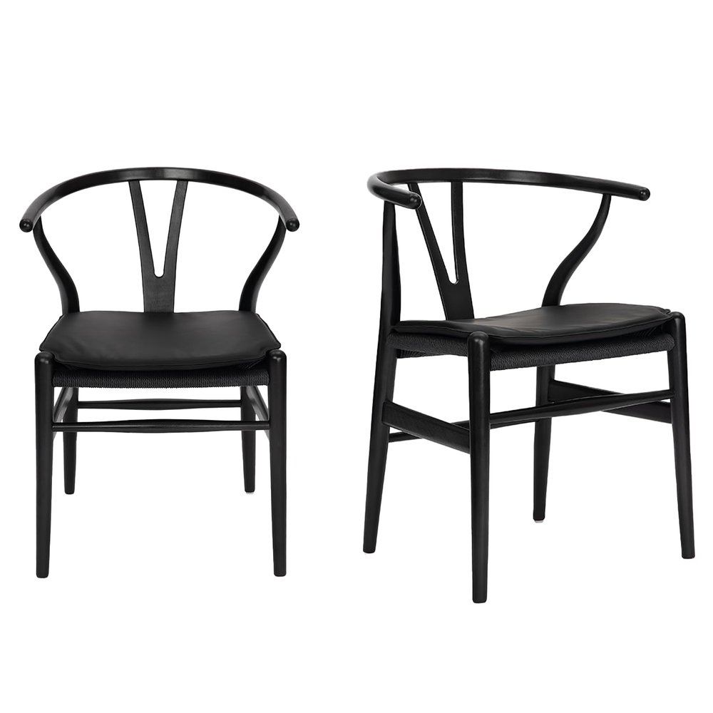 Forsho Set of 2 Solid Wood Wishbone Dining Chair with PU Soft Seat Cushion,Mid-Century Y Back Weave Dining ChairAsh Wood - Black + Cushion