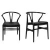 Forsho Set of 2 Solid Wood Wishbone Dining Chair with PU Soft Seat Cushion,Mid-Century Y Back Weave Dining ChairAsh Wood - Black + Cushion view 1
