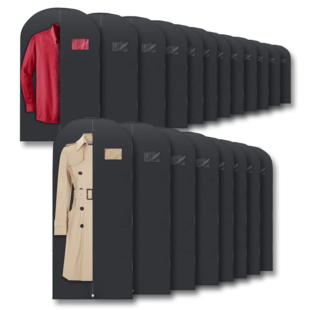 Plixio Garment Bags Suit Bag for Travel and Clothing Storage of Dresses, Dress Shirts, Coats Includes Zipper and Transparent Window (Black - Mixed Sizes: 20 Pack)