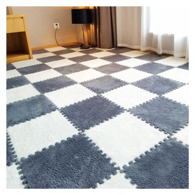 30 Pcs Interlocking Foam Mats,Plush Puzzle Floor Mat,Interlocking Floor Carpet Tiles with Border,Shaggy Area Rug for Bedroom,12X12 Inch,White+Grey