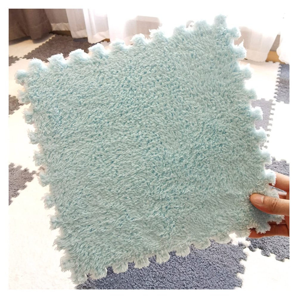 30 Pcs Interlocking Foam Mats,Plush Puzzle Floor Mat,Interlocking Floor Carpet Tiles with Border,Shaggy Area Rug for Bedroom,12X12 Inch,Blue