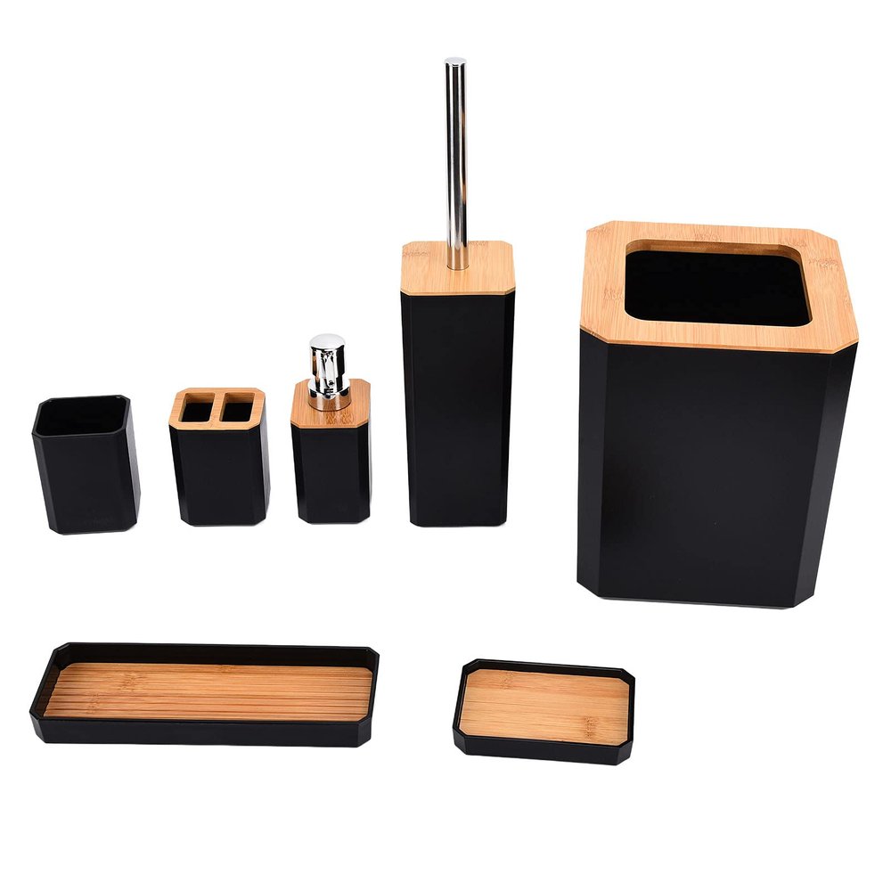 7Pcs Bathroom Accessories Set , ABS bamboos Material soaps Box Toothbrush Holder Toilet Brush Trash Bin Hand Washing Bottle Mouthwashing Cup Kit for Home Hotel(Black) , 7Pcs Bathroom Accessories Set