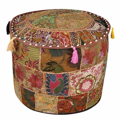 Indian Patchwork Handmade Footstool Vintage Traditional Round Pouffe Cover Decor (18" x 18" x 14" Inch)