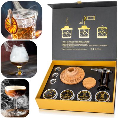 NOBLESIP Whiskey Bourbon Smoker Kit  Smoky bar Set. Made from Natural American Oak Wood. Easily Make The Legendary Smoked Cocktails and Old fashioneds at Home. New Year Home bar Gift!