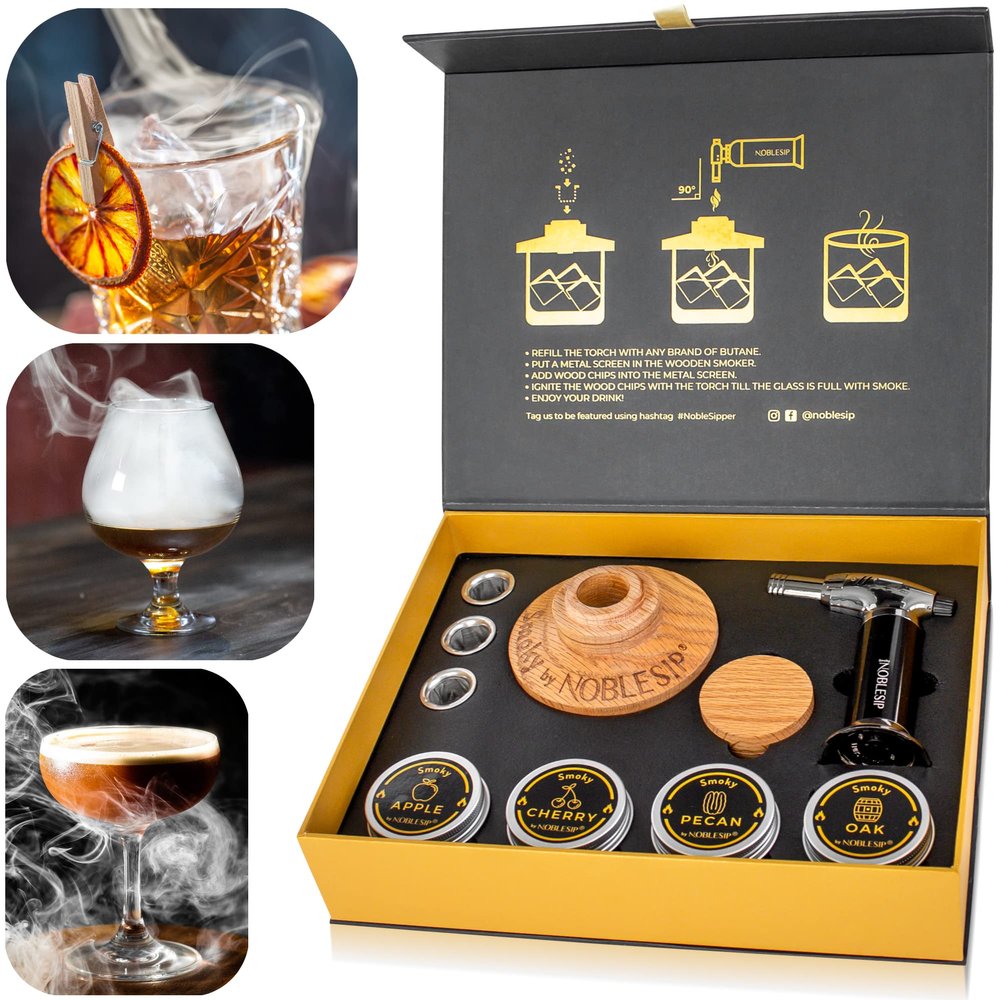NOBLESIP Whiskey Bourbon Smoker Kit  Smoky bar Set. Made from Natural American Oak Wood. Easily Make The Legendary Smoked Cocktails and Old fashioneds at Home. New Year Home bar Gift!